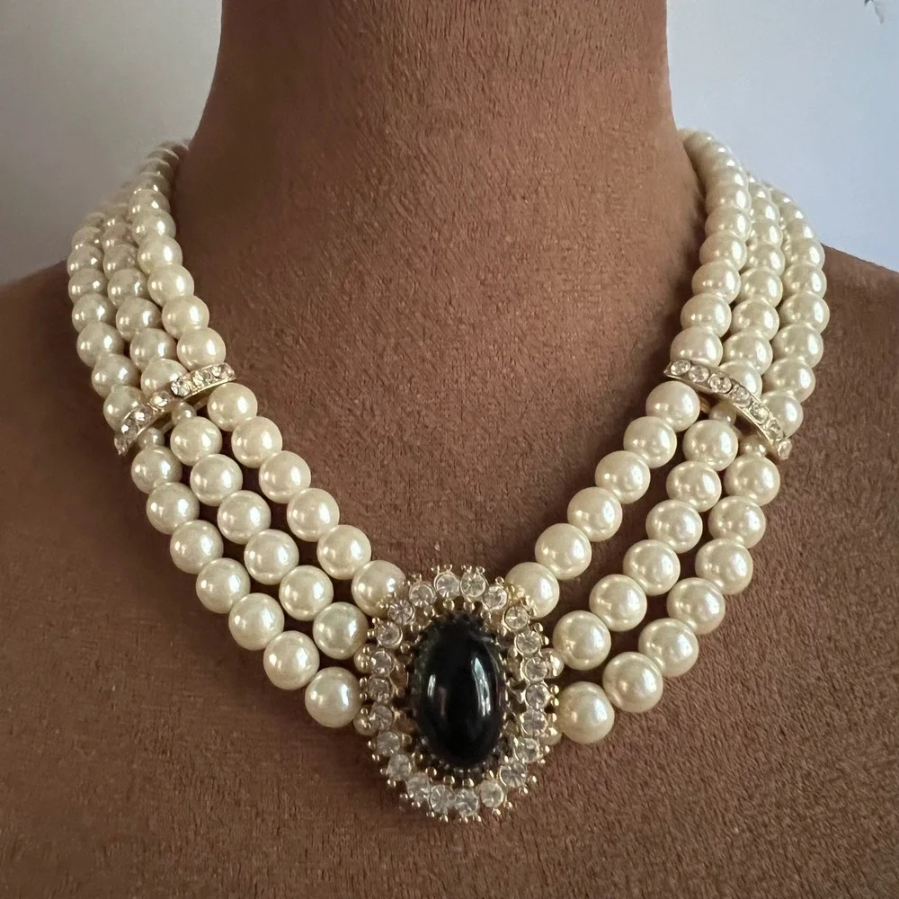 Vintage 3 Strand Faux Pearl Rhinestone Black Cabochon Necklace 18 Inch Old Money